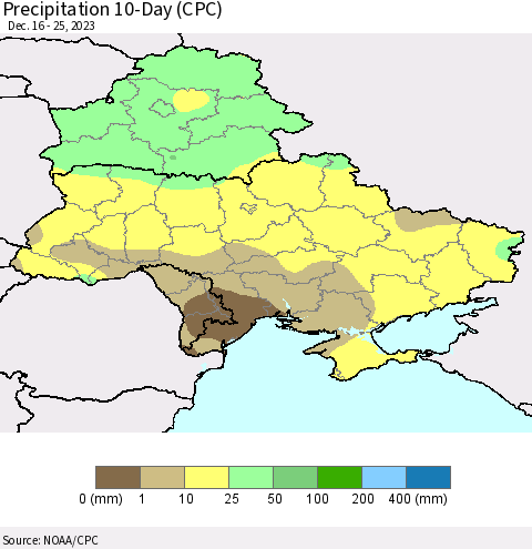 Ukraine, Moldova and Belarus Precipitation 10-Day (CPC) Thematic Map For 12/16/2023 - 12/25/2023