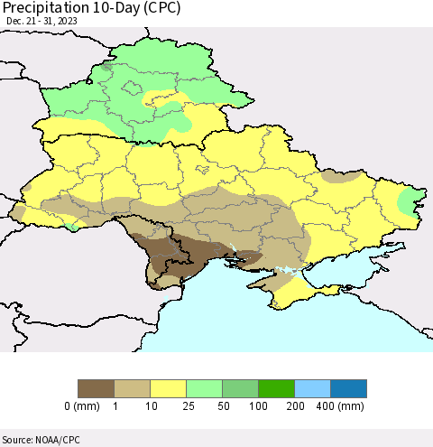 Ukraine, Moldova and Belarus Precipitation 10-Day (CPC) Thematic Map For 12/21/2023 - 12/31/2023