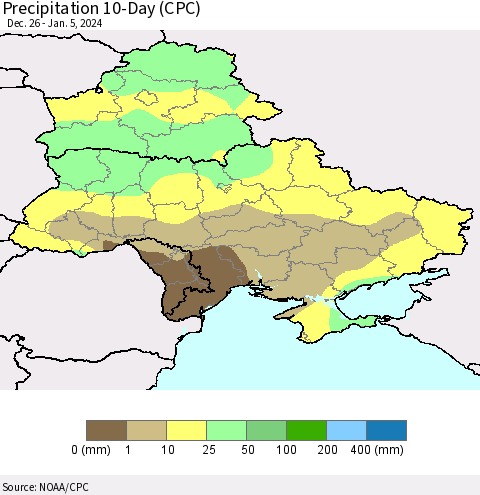 Ukraine, Moldova and Belarus Precipitation 10-Day (CPC) Thematic Map For 12/26/2023 - 1/5/2024
