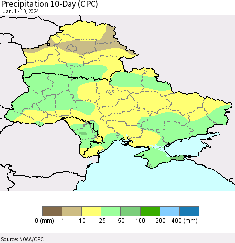 Ukraine, Moldova and Belarus Precipitation 10-Day (CPC) Thematic Map For 1/1/2024 - 1/10/2024