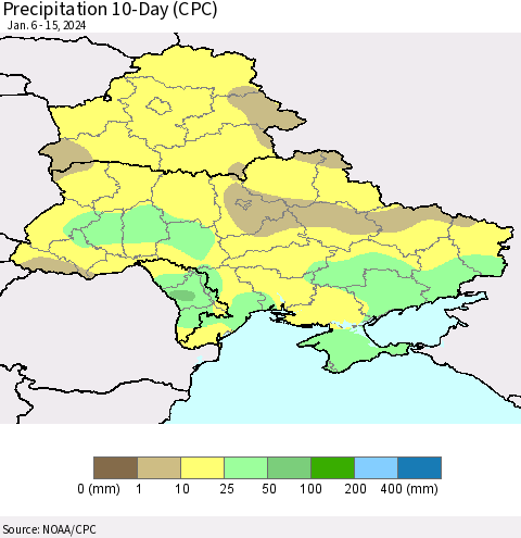 Ukraine, Moldova and Belarus Precipitation 10-Day (CPC) Thematic Map For 1/6/2024 - 1/15/2024