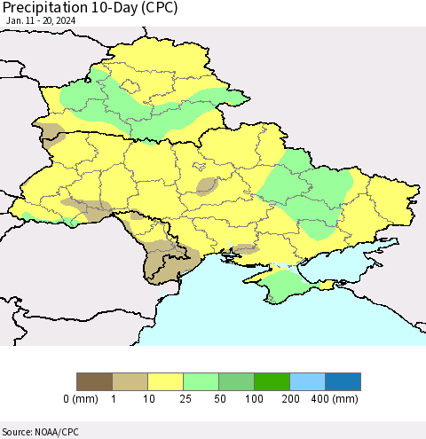 Ukraine, Moldova and Belarus Precipitation 10-Day (CPC) Thematic Map For 1/11/2024 - 1/20/2024