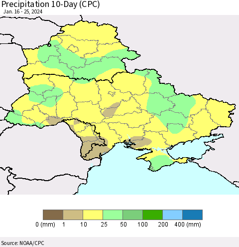 Ukraine, Moldova and Belarus Precipitation 10-Day (CPC) Thematic Map For 1/16/2024 - 1/25/2024