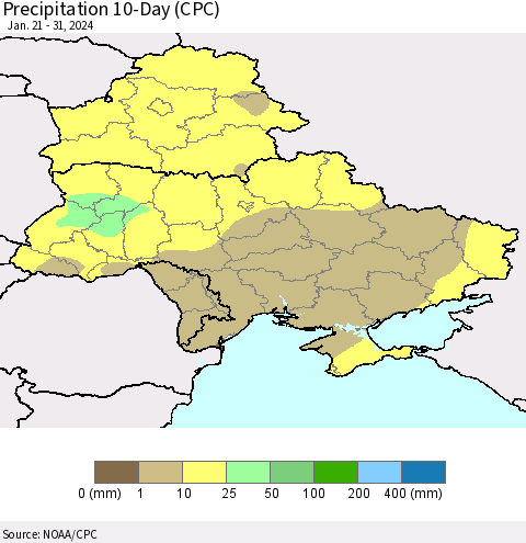 Ukraine, Moldova and Belarus Precipitation 10-Day (CPC) Thematic Map For 1/21/2024 - 1/31/2024