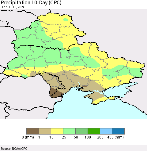 Ukraine, Moldova and Belarus Precipitation 10-Day (CPC) Thematic Map For 2/1/2024 - 2/10/2024