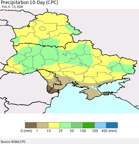 Ukraine, Moldova and Belarus Precipitation 10-Day (CPC) Thematic Map For 2/6/2024 - 2/15/2024
