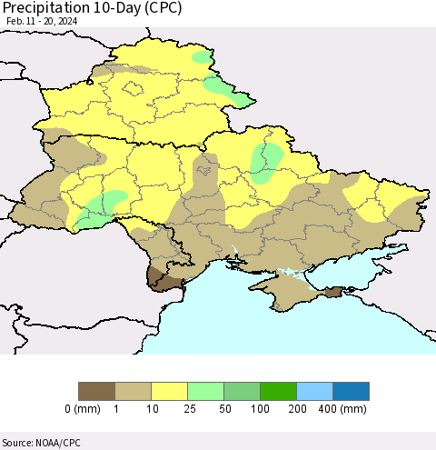 Ukraine, Moldova and Belarus Precipitation 10-Day (CPC) Thematic Map For 2/11/2024 - 2/20/2024