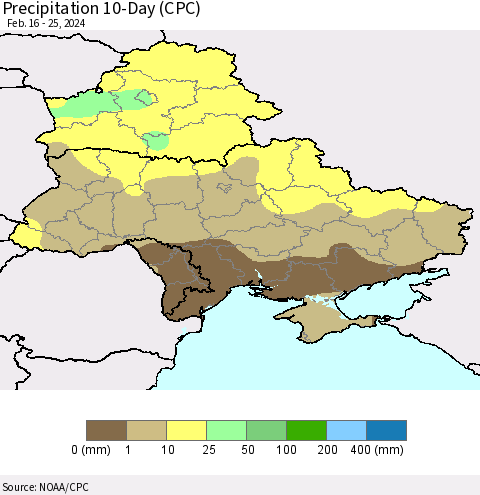 Ukraine, Moldova and Belarus Precipitation 10-Day (CPC) Thematic Map For 2/16/2024 - 2/25/2024