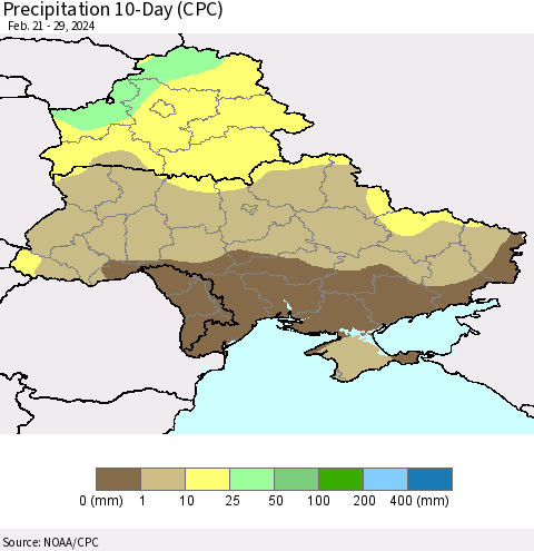 Ukraine, Moldova and Belarus Precipitation 10-Day (CPC) Thematic Map For 2/21/2024 - 2/29/2024