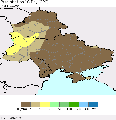 Ukraine, Moldova and Belarus Precipitation 10-Day (CPC) Thematic Map For 3/1/2024 - 3/10/2024