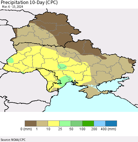 Ukraine, Moldova and Belarus Precipitation 10-Day (CPC) Thematic Map For 3/6/2024 - 3/15/2024