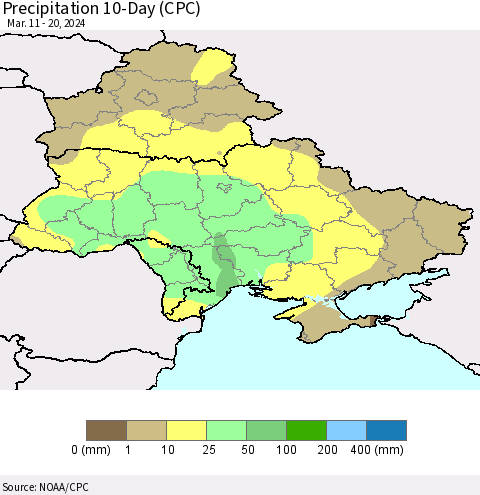 Ukraine, Moldova and Belarus Precipitation 10-Day (CPC) Thematic Map For 3/11/2024 - 3/20/2024