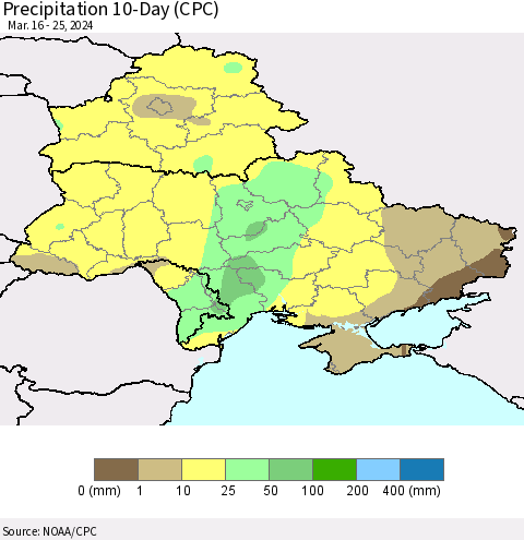 Ukraine, Moldova and Belarus Precipitation 10-Day (CPC) Thematic Map For 3/16/2024 - 3/25/2024