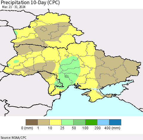Ukraine, Moldova and Belarus Precipitation 10-Day (CPC) Thematic Map For 3/21/2024 - 3/31/2024