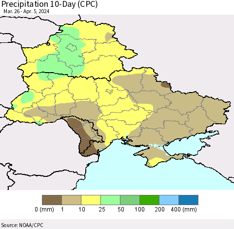 Ukraine, Moldova and Belarus Precipitation 10-Day (CPC) Thematic Map For 3/26/2024 - 4/5/2024
