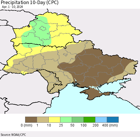Ukraine, Moldova and Belarus Precipitation 10-Day (CPC) Thematic Map For 4/1/2024 - 4/10/2024
