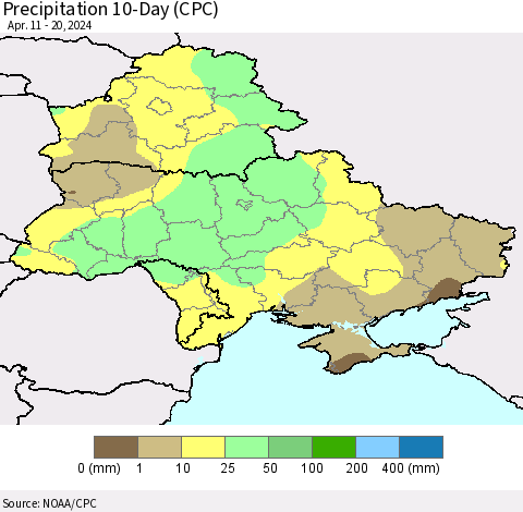 Ukraine, Moldova and Belarus Precipitation 10-Day (CPC) Thematic Map For 4/11/2024 - 4/20/2024