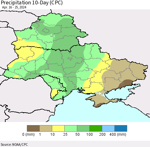 Ukraine, Moldova and Belarus Precipitation 10-Day (CPC) Thematic Map For 4/16/2024 - 4/25/2024