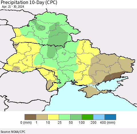 Ukraine, Moldova and Belarus Precipitation 10-Day (CPC) Thematic Map For 4/21/2024 - 4/30/2024