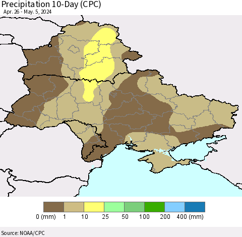 Ukraine, Moldova and Belarus Precipitation 10-Day (CPC) Thematic Map For 4/26/2024 - 5/5/2024