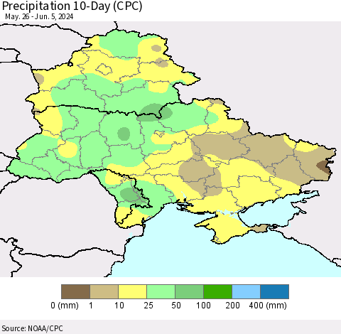 Ukraine, Moldova and Belarus Precipitation 10-Day (CPC) Thematic Map For 5/26/2024 - 6/5/2024