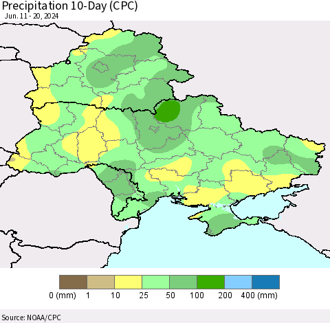 Ukraine, Moldova and Belarus Precipitation 10-Day (CPC) Thematic Map For 6/11/2024 - 6/20/2024
