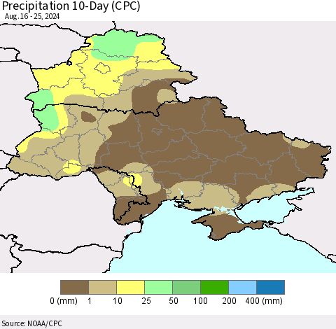 Ukraine, Moldova and Belarus Precipitation 10-Day (CPC) Thematic Map For 8/16/2024 - 8/25/2024