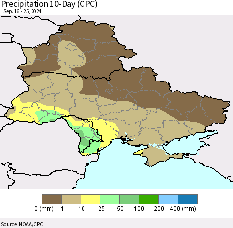 Ukraine, Moldova and Belarus Precipitation 10-Day (CPC) Thematic Map For 9/16/2024 - 9/25/2024
