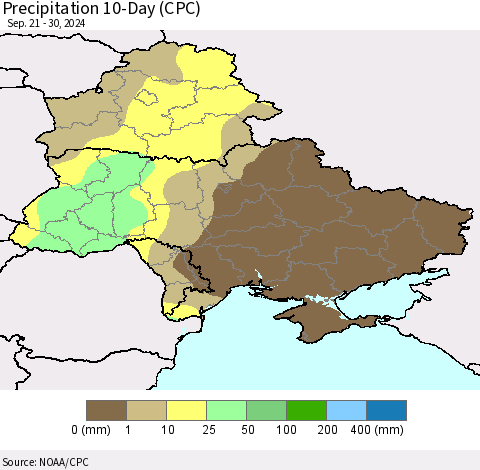 Ukraine, Moldova and Belarus Precipitation 10-Day (CPC) Thematic Map For 9/21/2024 - 9/30/2024