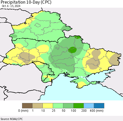 Ukraine, Moldova and Belarus Precipitation 10-Day (CPC) Thematic Map For 10/6/2024 - 10/15/2024