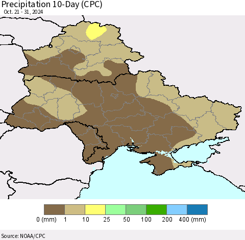 Ukraine, Moldova and Belarus Precipitation 10-Day (CPC) Thematic Map For 10/21/2024 - 10/31/2024