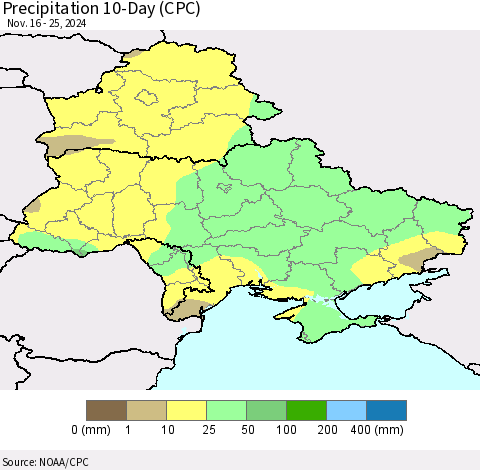 Ukraine, Moldova and Belarus Precipitation 10-Day (CPC) Thematic Map For 11/16/2024 - 11/25/2024