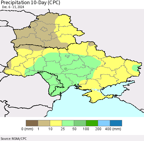 Ukraine, Moldova and Belarus Precipitation 10-Day (CPC) Thematic Map For 12/6/2024 - 12/15/2024