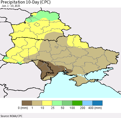 Ukraine, Moldova and Belarus Precipitation 10-Day (CPC) Thematic Map For 1/1/2025 - 1/10/2025