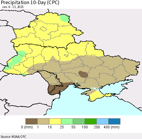 Ukraine, Moldova and Belarus Precipitation 10-Day (CPC) Thematic Map For 1/6/2025 - 1/15/2025