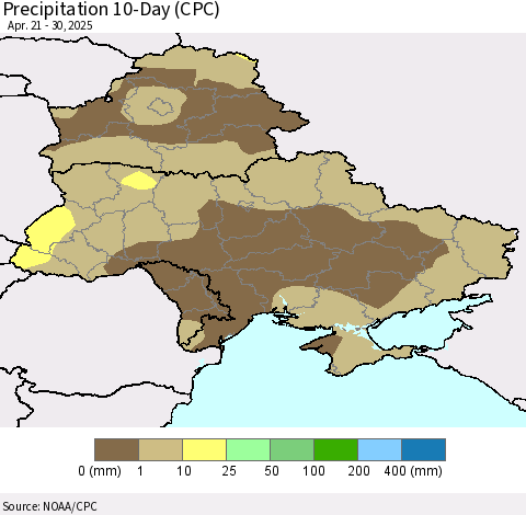 Ukraine, Moldova and Belarus Precipitation 10-Day (CPC) Thematic Map For 4/21/2025 - 4/30/2025