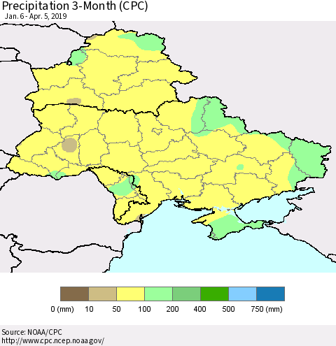 Ukraine, Moldova and Belarus Precipitation 3-Month (CPC) Thematic Map For 1/6/2019 - 4/5/2019