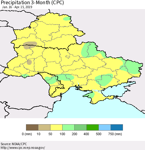 Ukraine, Moldova and Belarus Precipitation 3-Month (CPC) Thematic Map For 1/16/2019 - 4/15/2019