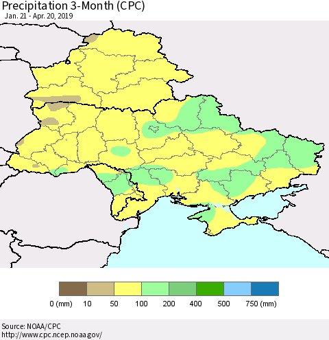 Ukraine, Moldova and Belarus Precipitation 3-Month (CPC) Thematic Map For 1/21/2019 - 4/20/2019