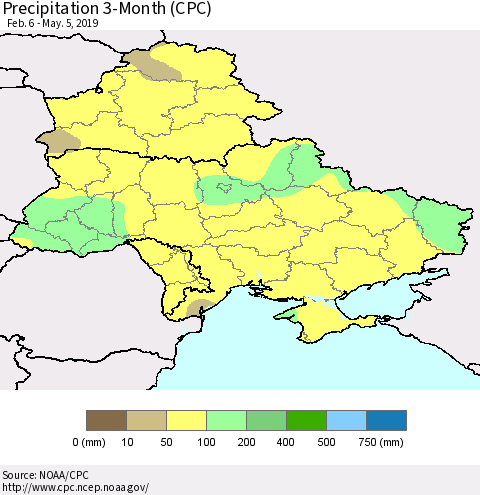 Ukraine, Moldova and Belarus Precipitation 3-Month (CPC) Thematic Map For 2/6/2019 - 5/5/2019