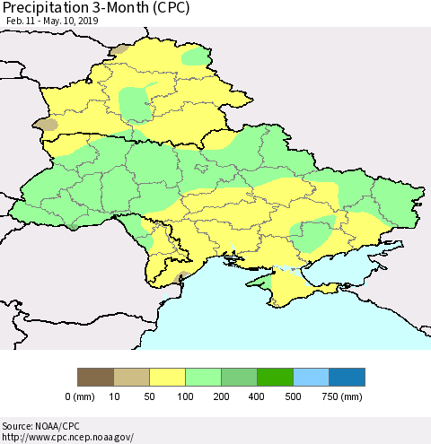 Ukraine, Moldova and Belarus Precipitation 3-Month (CPC) Thematic Map For 2/11/2019 - 5/10/2019