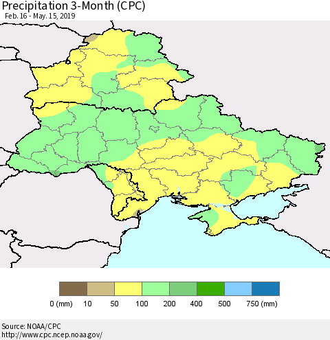 Ukraine, Moldova and Belarus Precipitation 3-Month (CPC) Thematic Map For 2/16/2019 - 5/15/2019