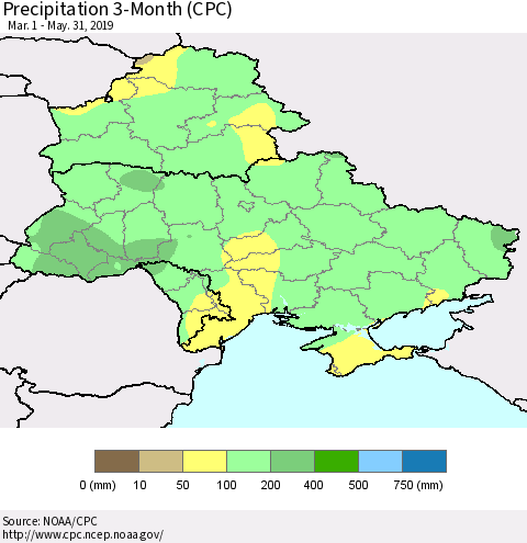 Ukraine, Moldova and Belarus Precipitation 3-Month (CPC) Thematic Map For 3/1/2019 - 5/31/2019