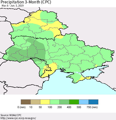Ukraine, Moldova and Belarus Precipitation 3-Month (CPC) Thematic Map For 3/6/2019 - 6/5/2019