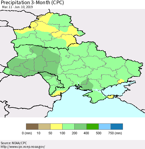 Ukraine, Moldova and Belarus Precipitation 3-Month (CPC) Thematic Map For 3/11/2019 - 6/10/2019
