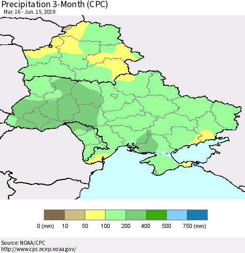 Ukraine, Moldova and Belarus Precipitation 3-Month (CPC) Thematic Map For 3/16/2019 - 6/15/2019