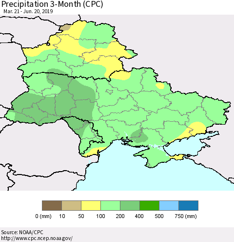 Ukraine, Moldova and Belarus Precipitation 3-Month (CPC) Thematic Map For 3/21/2019 - 6/20/2019
