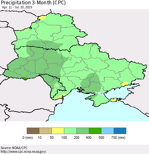 Ukraine, Moldova and Belarus Precipitation 3-Month (CPC) Thematic Map For 4/11/2019 - 7/10/2019