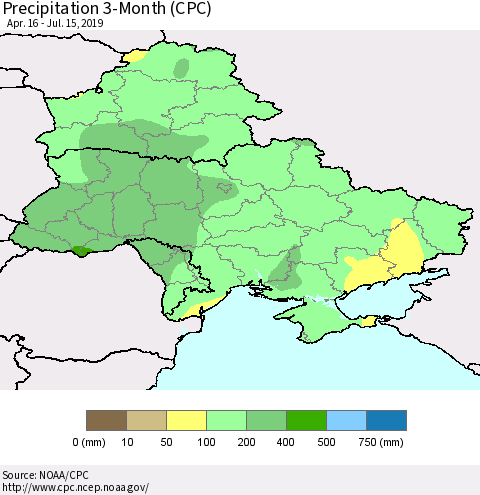 Ukraine, Moldova and Belarus Precipitation 3-Month (CPC) Thematic Map For 4/16/2019 - 7/15/2019