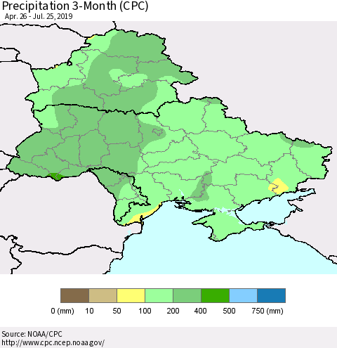 Ukraine, Moldova and Belarus Precipitation 3-Month (CPC) Thematic Map For 4/26/2019 - 7/25/2019